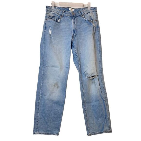 H & M Slim Fit Ripped High Rise Straight Leg Jeans Blue Size 12 - Picture 1 of 4